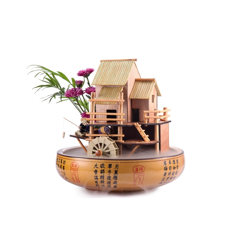 10″ Bamboo House Fountain with Decorative Pot, Plant Holder, Fisherman Figurine, and Quiet One 100 Pump