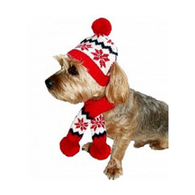 Sassy Knitted Winter Pet Dog Hat & Scarf – Red Snowflake Small Set