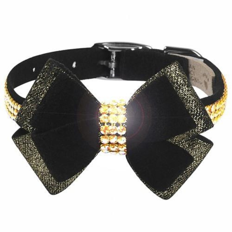 Black Glitzerati Double Nouveau Bow 3 Row Gold Giltmore Dog Collar Teacup 5 -6.5″ neck