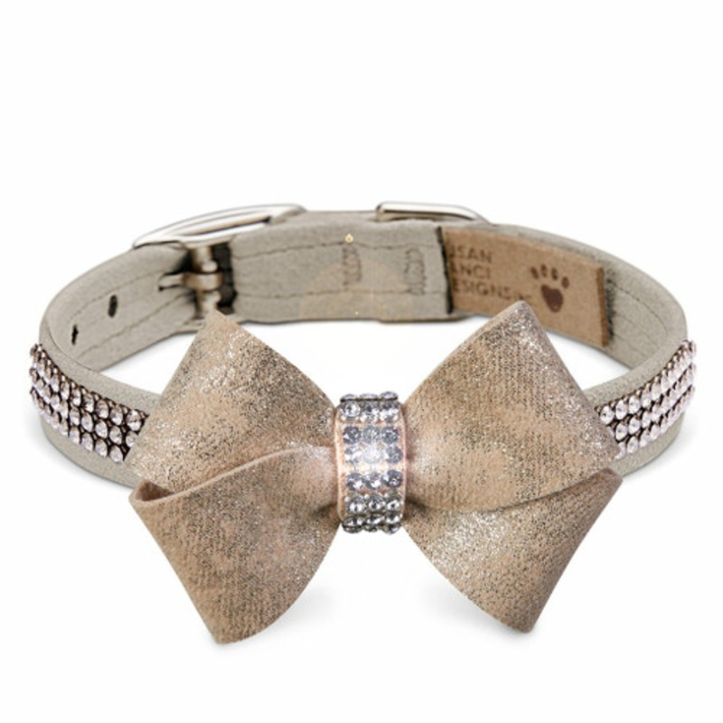 Champagne Glitzerati Nouveau Bow 3 Row Giltmore Dog Collar Usually ships in 2-3 weeks. In stock items will ship in 2-4 business days or with the balance of your order.