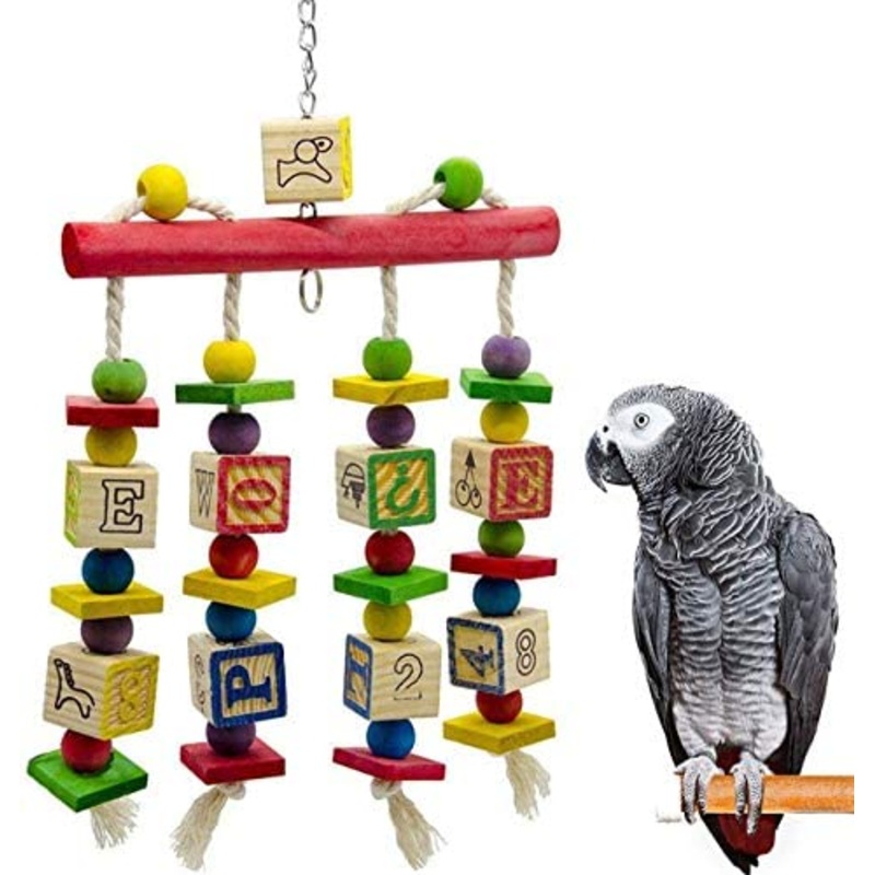 Acidea Wooden Knots Block Parrot Toys with Bells for African Grey Multicolored Natural Wooden Bird Toy Budgie Toy for Medium and Large Parrots Cockatoo African Grey Macaws
