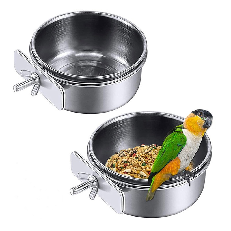 Amfrar 2 pieces 12cm bird feeding bowl to hang bird bowl stainless steel with holder bird feeding shell parror food bowl feed cup for bird cage bird house small animals