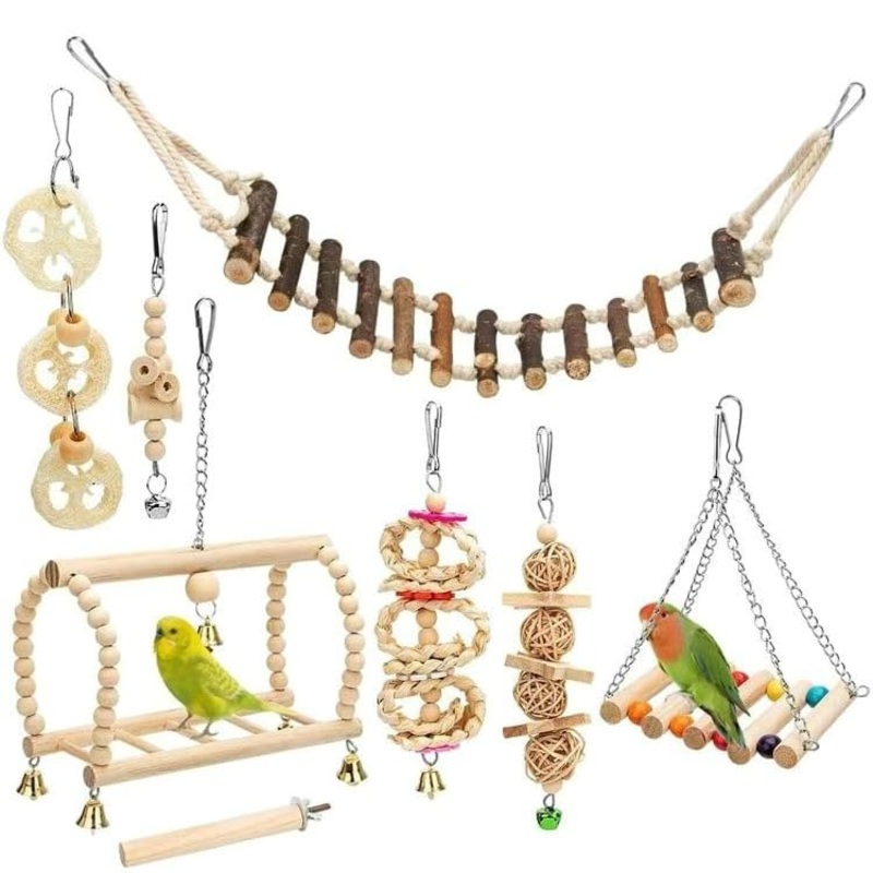 ZIXRMOR Wood bird cage budgie parrot bird chewing natural wood hanging swinging and jumping budgie accessories 8 pieces of bird toys (geometric)
