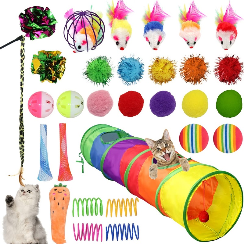 Cat Interactive Toys 30 PCS Cat Kitten Toys Set Including Cat Tunnel Fluffy Mouse Cat Catnip Toy Mice Colorful Crinkle Balls and Bells Interactive Toys Pack for Indoor Cats