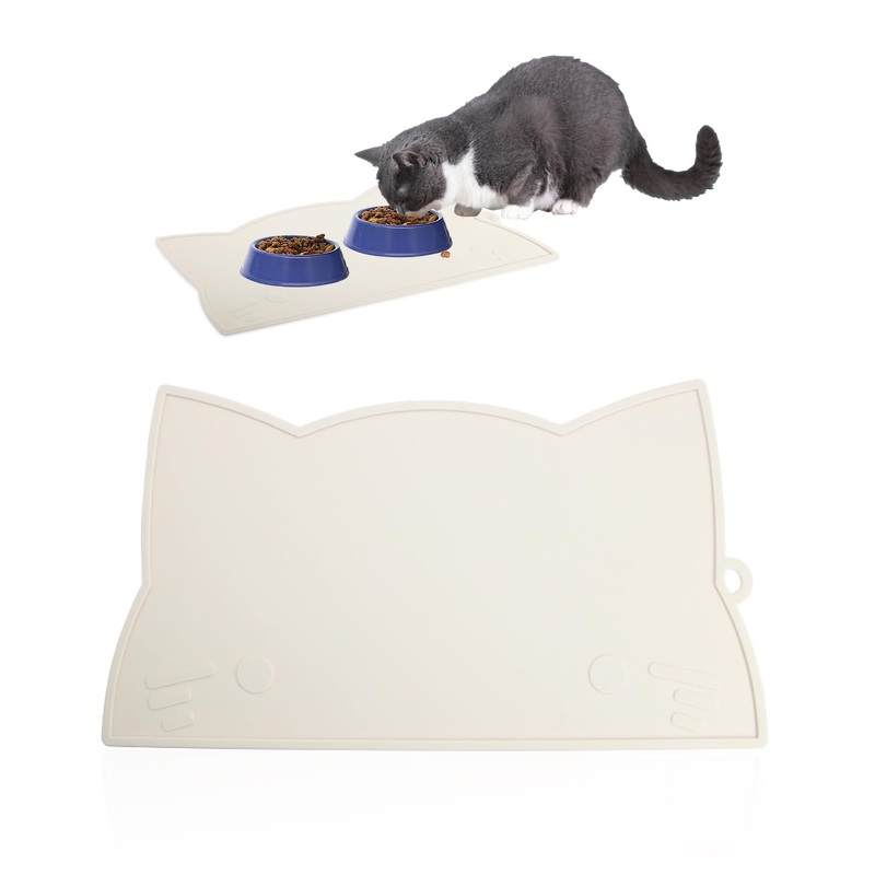 1 Piece Silicone Cat Bowl Mat Feeding Mat for Cats Non-slip Feeding Ideal Waterproof Feeding Mat White Suitable for Small Dogs and Cats 41.5 X 23.5cm