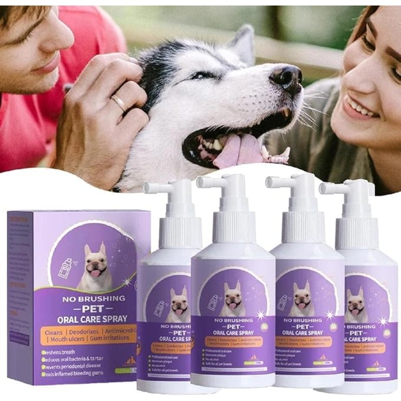 (100% Effective) 4PCS Teeth Cleaning Spray for Dogs & Cats | Pet Oral Spray Clean Teeth | Pet Breath Freshener Spray Care Cleaner | Targets Tartar & Plaque | Eliminate Bad Breath | Without Brushing | 50ml