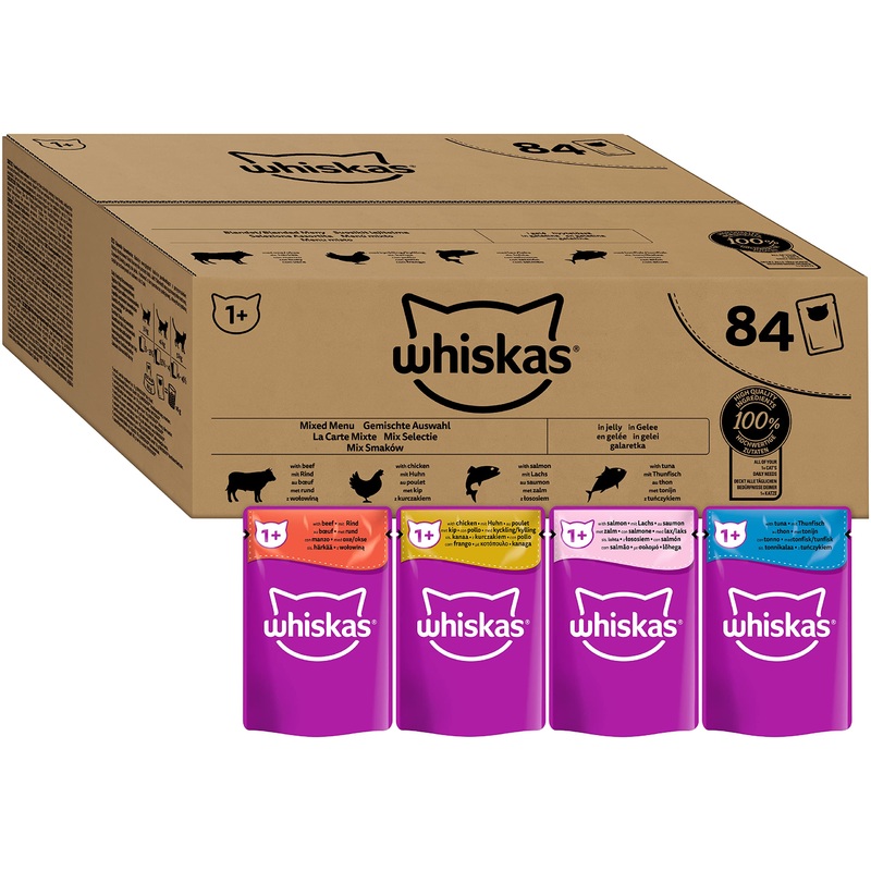 Whiskas Adult 1+ Cat with Mixed selection in jelly 84 portion bags 84x85g (1 large pack) – high -quality cat food wet 85 g (84 pack) for adult cats)